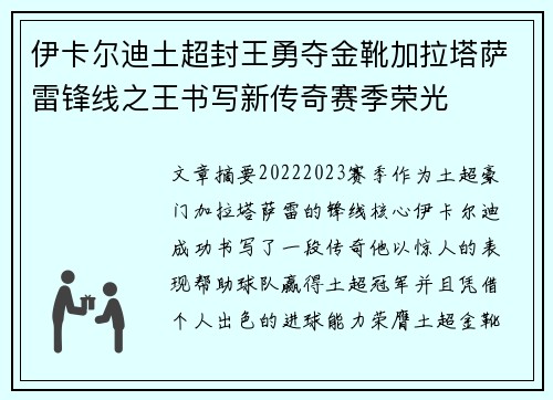 伊卡尔迪土超封王勇夺金靴加拉塔萨雷锋线之王书写新传奇赛季荣光