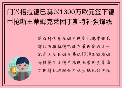 门兴格拉德巴赫以1300万欧元签下德甲抢断王蒂姆克莱因丁斯特补强锋线